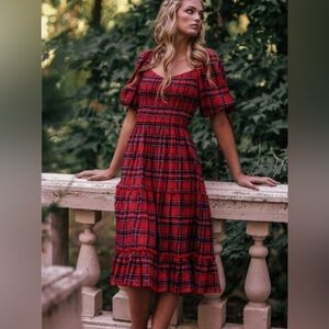 JessaKae Clara Red Plaid 3-tiered Smocked Midi Dress